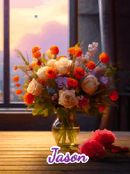 Happy Birthday Jason GIF: A vase of flowers and animated hearts pop in and out as the words Happy Birthday Name appears that you can customize