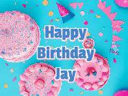 Happy Birthday Jay GIF: Happy birthday animated gif on this beautiful cake background and confetti with flowers, hearts, and stars.