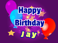 Happy Birthday Jay GIF: A lovely purple birthday gif animated with moving text, a balloon, and bubbles. Customize it.