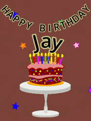 Happy Birthday Jay GIF: Animated birthday gif of a chocolate cartoon cake and stars. Animated text can be customized with name.