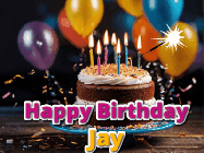 Happy Birthday Jay GIF: A birthday cake with flickering candles gif with text reading Happy Birthday and a Name slot to customize