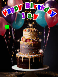 Happy Birthday Jay GIF: Beautiful birthday cake animated gif, a celebration of balloons, confetti, and sparklers. Customize banner and name.