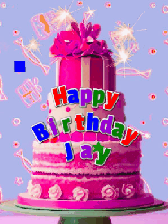 Happy Birthday Jay GIF: A big beautiful birthday cake gif with falling confetti, sparklers, and balloons, reads Happy Birthday Name. Customize it.