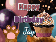 Happy Birthday Jay GIF: Cute Kitten Birthday Cupcake GIF with a cupcake raised by a cats head, then it pulls down text reading Happy Birthday Name