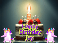 Happy Birthday Jay GIF: An animated gif with 2 unicorns and a birthday candle on a cake.