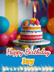 Happy Birthday Jay GIF: A birthday card gif with a cake and candle and a blue ribbon with animated sparklers. Reads Happy Birthday Name