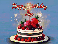 Happy Birthday Jay GIF: Animated GIF of a birthday cake covered in berries with 2 sparklers and a candle, reads Happy Birthday Name. Customize it.