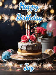 Happy Birthday Jay GIF: Sparkles and glitter happy birthday gif with a cake and flickering candles and sparklers behind the words happy birthday customize