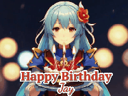 Happy Birthday Jay GIF: Anime girl holding a birthday cake and an animated sword falls into it. Text reads Happy Birthday Customize