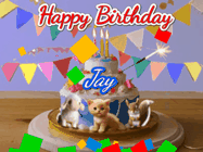 Happy Birthday Jay GIF: Happy Birthday Cake GIF with a cat, lamb, and squirrel on the cake with flickering candles, a sparkler, and falling confetti. Reads Happy Birthday Name and you can customize the name