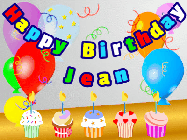 Happy Birthday Jean GIF: Animated happy birthday gif with a party balloon background, a row of cupcakes, and birthday banner to customize.