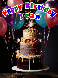 Happy Birthday Jean GIF: Beautiful birthday cake animated gif, a celebration of balloons, confetti, and sparklers. Customize banner and name.