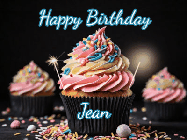 Happy Birthday Jean GIF: A delicious cupcake gif with animated sparkles reading Happy Birthday with a name to customize