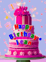 Happy Birthday Jean GIF: A big beautiful birthday cake gif with falling confetti, sparklers, and balloons, reads Happy Birthday Name. Customize it.