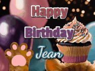 Happy Birthday Jean GIF: Cute Kitten Birthday Cupcake GIF with a cupcake raised by a cats head, then it pulls down text reading Happy Birthday Name