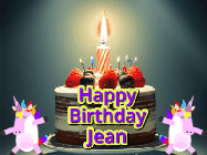 Happy Birthday Jean GIF: An animated gif with 2 unicorns and a birthday candle on a cake.
