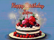 Happy Birthday Jean GIF: Animated GIF of a birthday cake covered in berries with 2 sparklers and a candle, reads Happy Birthday Name. Customize it.