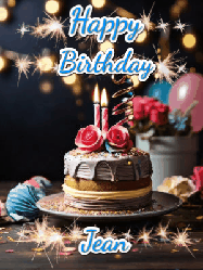 Happy Birthday Jean GIF: Sparkles and glitter happy birthday gif with a cake and flickering candles and sparklers behind the words happy birthday customize