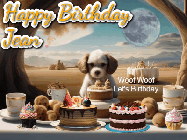 Happy Birthday Jean GIF: Animated birthday gif with a dog at a fancy birthday table loaded with cakes as hearts appear. It reads Happy Birthday Customize.