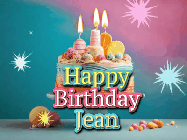 Happy Birthday Jean GIF: A colorful animated Happy Birthday Cake GIF with swirling sparkles and flickering candles. It reads Happy Birthday Name