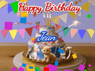 Happy Birthday Jean GIF: Happy Birthday Cake GIF with a cat, lamb, and squirrel on the cake with flickering candles, a sparkler, and falling confetti. Reads Happy Birthday Name and you can customize the name