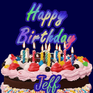Happy Birthday Jeff GIF: A dark blue birthday gif with a beautiful cake with flickering candles, background sparkles and a name to customize.