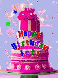 Happy Birthday Jeff GIF: A big beautiful birthday cake gif with falling confetti, sparklers, and balloons, reads Happy Birthday Name. Customize it.