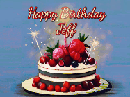 Happy Birthday Jeff GIF: Animated GIF of a birthday cake covered in berries with 2 sparklers and a candle, reads Happy Birthday Name. Customize it.