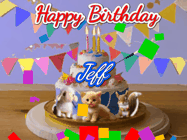 Happy Birthday Jeff GIF: Happy Birthday Cake GIF with a cat, lamb, and squirrel on the cake with flickering candles, a sparkler, and falling confetti. Reads Happy Birthday Name and you can customize the name