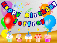 Happy Birthday Jeffrey GIF: Animated happy birthday gif with a party balloon background, a row of cupcakes, and birthday banner to customize.