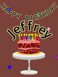 Happy Birthday Jeffrey GIF: Animated birthday gif of a chocolate cartoon cake and stars. Animated text can be customized with name.