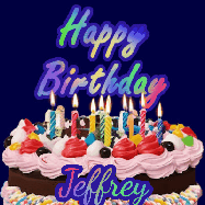 Happy Birthday Jeffrey GIF: A dark blue birthday gif with a beautiful cake with flickering candles, background sparkles and a name to customize.