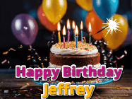 Happy Birthday Jeffrey GIF: A birthday cake with flickering candles gif with text reading Happy Birthday and a Name slot to customize