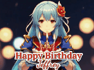 Happy Birthday Jeffrey GIF: Anime girl holding a birthday cake and an animated sword falls into it. Text reads Happy Birthday Customize