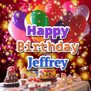 Happy Birthday Jeffrey GIF: Animated happy birthday gif on a bright red glittery background and 3 lines of text reading Happy Birthday Customize