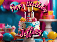 Happy Birthday Jeffrey GIF: Animated birthday gif with a beautiful colorful birthday can and sparkles in the air. It reads Happy Birthday Customize.