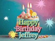 Happy Birthday Jeffrey GIF: A colorful animated Happy Birthday Cake GIF with swirling sparkles and flickering candles. It reads Happy Birthday Name