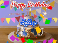 Happy Birthday Jeffrey GIF: Happy Birthday Cake GIF with a cat, lamb, and squirrel on the cake with flickering candles, a sparkler, and falling confetti. Reads Happy Birthday Name and you can customize the name