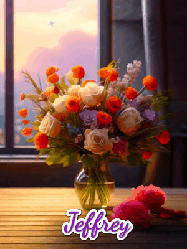 Happy Birthday Jeffrey GIF: A vase of flowers and animated hearts pop in and out as the words Happy Birthday Name appears that you can customize