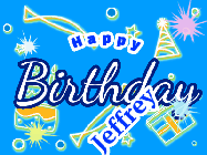 Happy Birthday Jeffrey GIF: A blue happy birthday gif with birthday drawings, sparkles, and a name you can customize.
