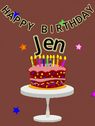 Happy Birthday Jen GIF: Animated birthday gif of a chocolate cartoon cake and stars. Animated text can be customized with name.
