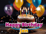Happy Birthday Jen GIF: A birthday cake with flickering candles gif with text reading Happy Birthday and a Name slot to customize