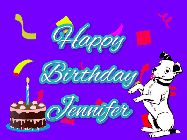 Happy Birthday Jennifer GIF: Silly happy birthday gif with a cute dog in a corner and rainbow animation confetti. Birthday cake in order with candle.