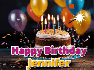 Happy Birthday Jennifer GIF: A birthday cake with flickering candles gif with text reading Happy Birthday and a Name slot to customize