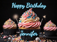 Happy Birthday Jennifer GIF: A delicious cupcake gif with animated sparkles reading Happy Birthday with a name to customize
