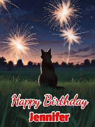 Happy Birthday Jennifer GIF: An animated gif at night showing the backside of a sitting cat who watches sparkle and fireworks over a meadow. Customize name and happy birthday.