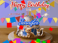 Happy Birthday Jennifer GIF: Happy Birthday Cake GIF with a cat, lamb, and squirrel on the cake with flickering candles, a sparkler, and falling confetti. Reads Happy Birthday Name and you can customize the name