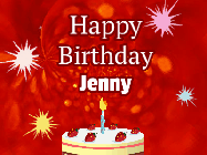 Happy Birthday Jenny GIF: A bright red happy birthday gif animated with a cake candle, and glitter and sparkles. Customize with name.