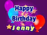 Happy Birthday Jenny GIF: A lovely purple birthday gif animated with moving text, a balloon, and bubbles. Customize it.