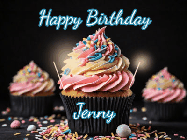 Happy Birthday Jenny GIF: A delicious cupcake gif with animated sparkles reading Happy Birthday with a name to customize